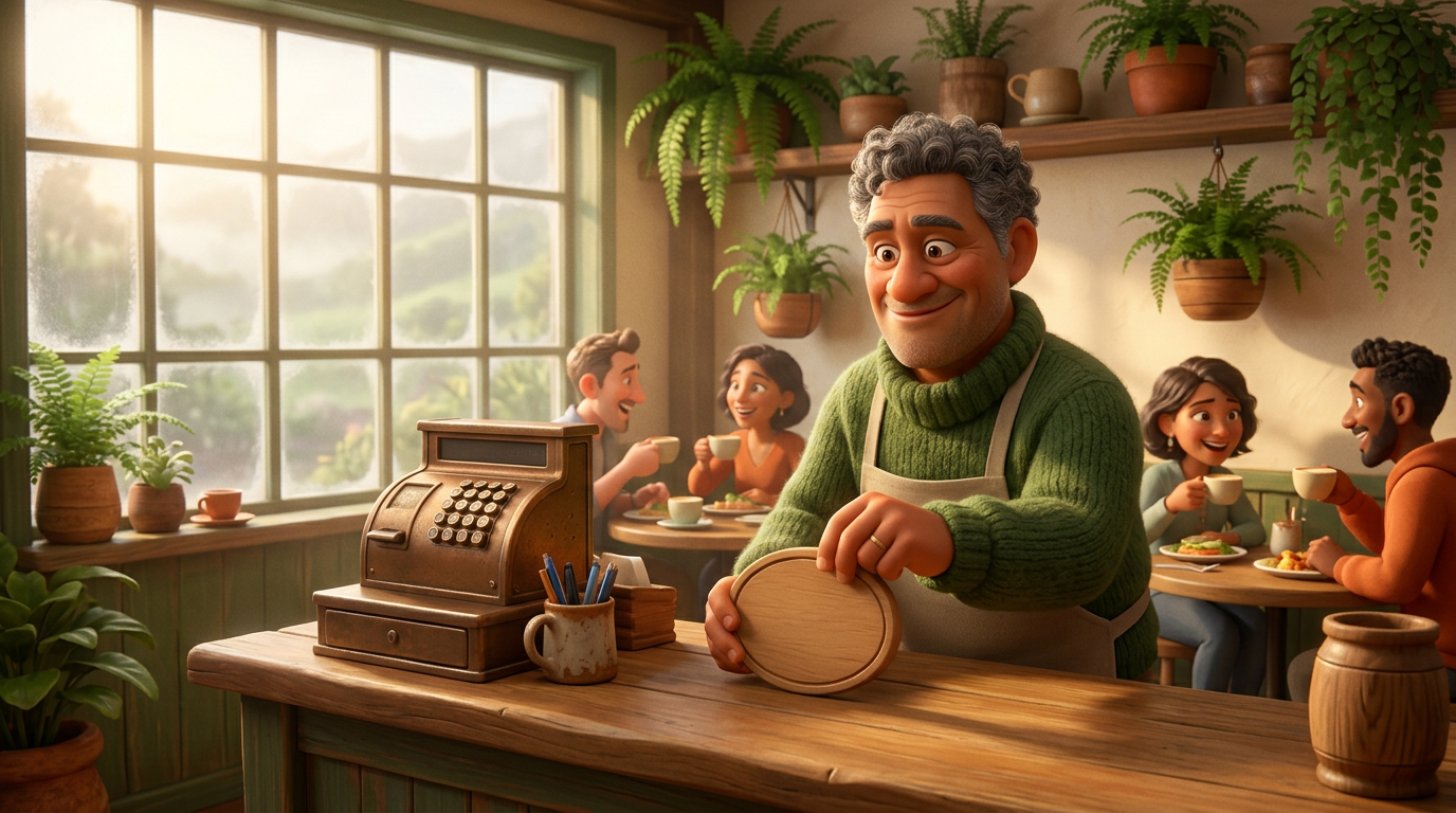 New Zealand cafe owner placing a public holiday surcharge sign on the counter next to the till while customers enjoy brunch