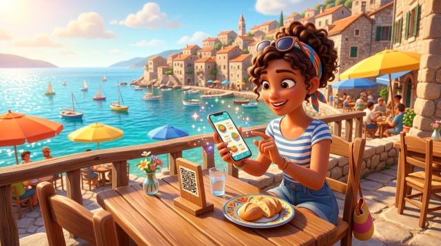 Gošća na sunčanoj terasi restorana uz more skenira mobitelom QR kod na stalku i na zaslonu joj se otvara digitalni jelovnik