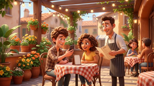Illustration of a couple on a restaurant terrace scanning a table stand with a phone while a waiter offers them a paper menu