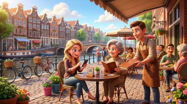 Illustratie van een Nederlands terras aan een gracht waar een vrouw de QR-code op een tafelstandaard scant terwijl een ober haar tafelgenoot een papieren menukaart aanreikt