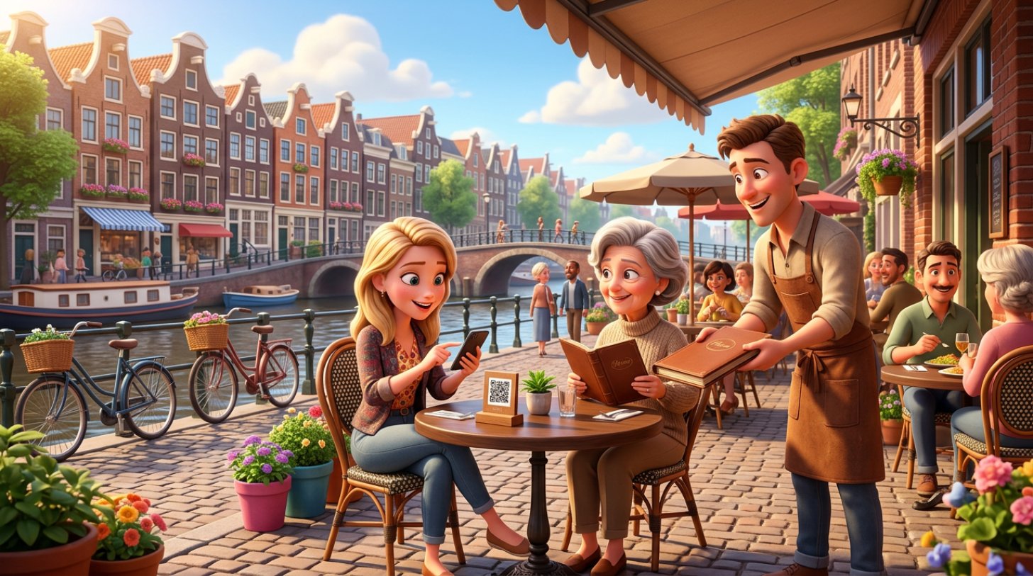 Illustratie van een Nederlands terras aan een gracht waar een vrouw de QR-code op een tafelstandaard scant terwijl een ober haar tafelgenoot een papieren menukaart aanreikt