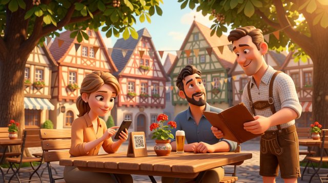 Illustration einer Restaurantterrasse in einer deutschen Altstadt, an einem Tisch scannt eine Frau den QR-Code auf einem Aufsteller, während der Kellner ihrem Begleiter eine gedruckte Speisekarte reicht