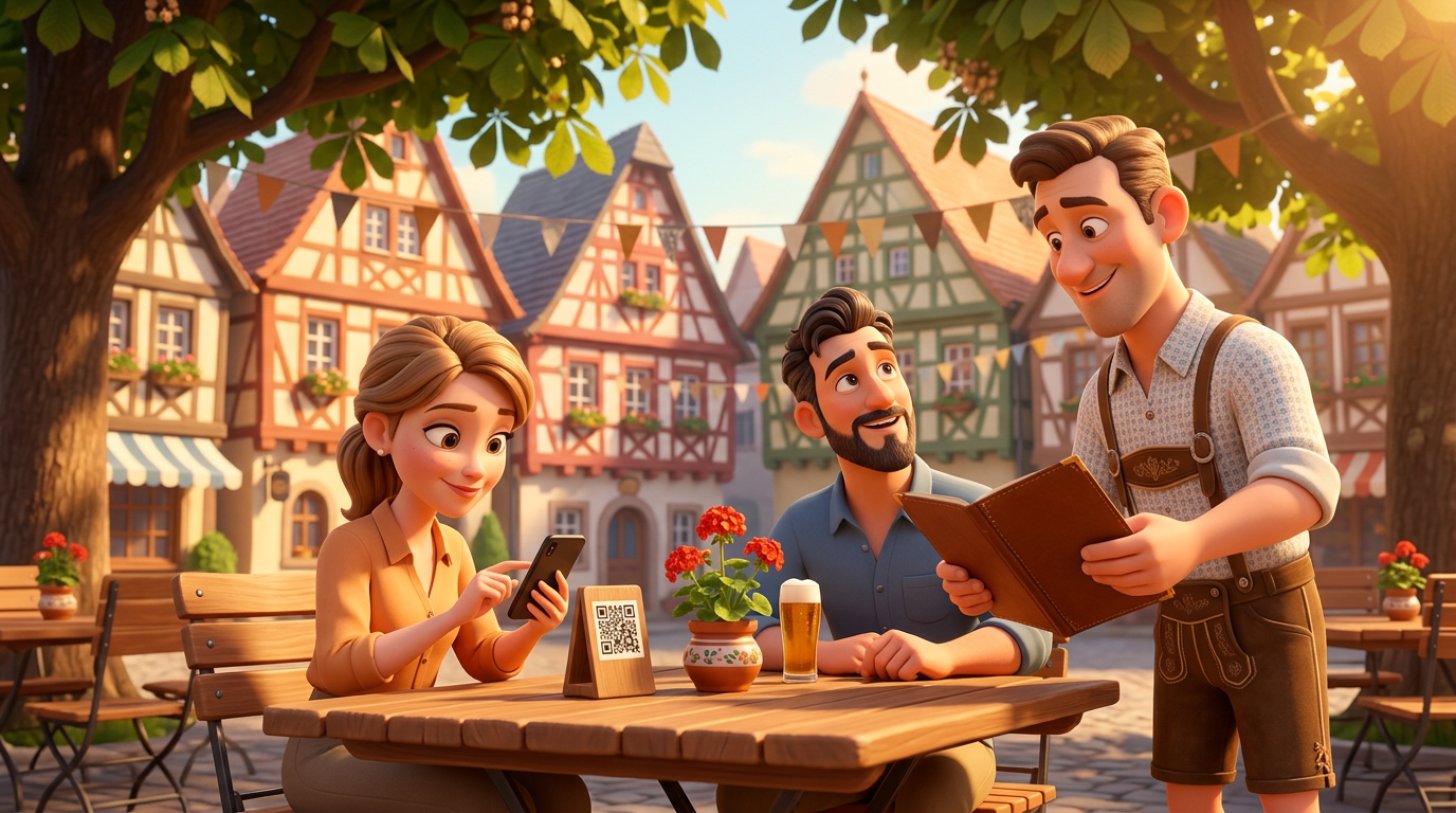 Illustration einer Restaurantterrasse in einer deutschen Altstadt, an einem Tisch scannt eine Frau den QR-Code auf einem Aufsteller, während der Kellner ihrem Begleiter eine gedruckte Speisekarte reicht