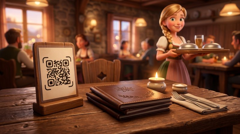 Rustikaler Wirtshaustisch mit einem laminierten QR-Code-Aufsteller neben einem Stapel gedruckter Speisekarten mit Ledereinband