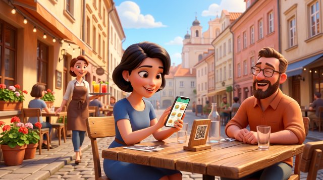 Svečias saulėtoje restorano terasoje telefonu nuskaito QR kodą ant stalo stovelio, telefono ekrane atsiveria skaitmeninis meniu