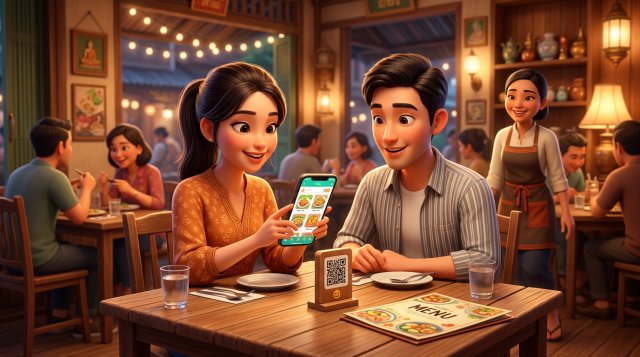 ลูกค้าคู่หนึ่งในร้านอาหารตึกแถวกำลังสแกน QR Code บนโต๊ะด้วยสมาร์ตโฟนที่แสดงเมนูอาหารพร้อมรูปภาพ โดยมีเมนูกระดาษวางเปิดอยู่ข้างกันและพนักงานยิ้มอยู่ด้านหลัง
