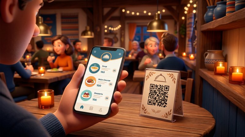 Käsi pitelee puhelinta, jonka näytöllä on selkeä digitaalinen ruokalista, vieressä laminoitu QR-koodilla varustettu pöytäteline puisella ravintolapöydällä
