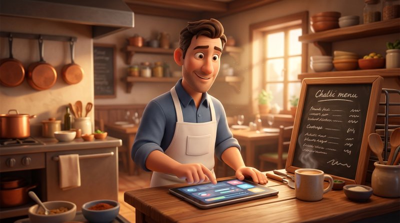 Bucătar la tejgheaua restaurantului actualizând meniul zilei pe tabletă, lângă o tablă scrisă de mână cu oferta zilnică