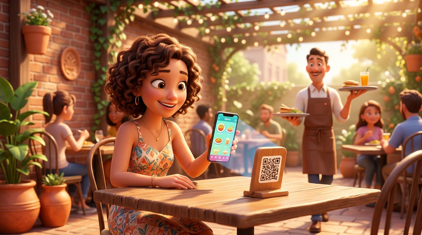 Clientă pe terasa unui restaurant scanând cu telefonul un cod QR de pe suportul de masă, cu meniul digital deschis pe ecran