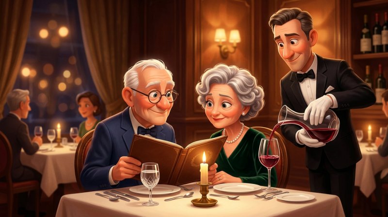 Cuplu elegant în vârstă răsfoind la lumina lumânărilor un meniu în coperți de piele, într-un restaurant fine dining