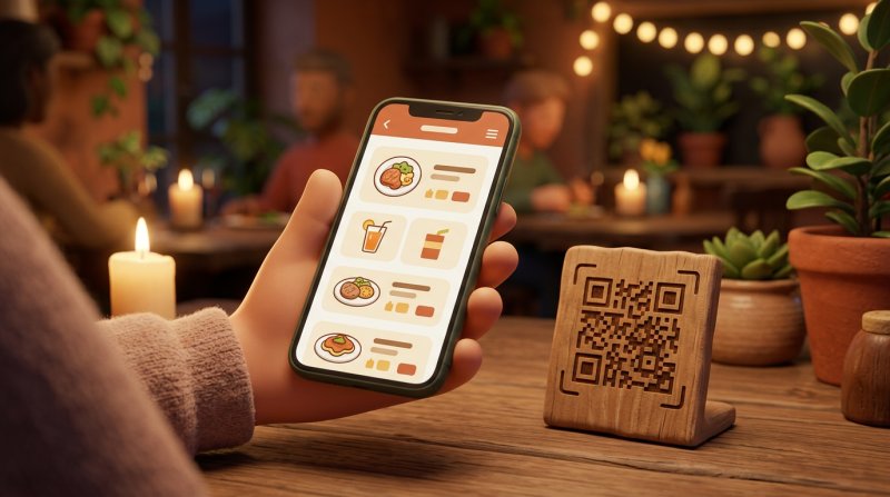 Illustration af en hånd, der holder en mobiltelefon med en overskuelig digital menu ved siden af et bordskilt med QR-kode på et træbord i dansk restaurantmiljø