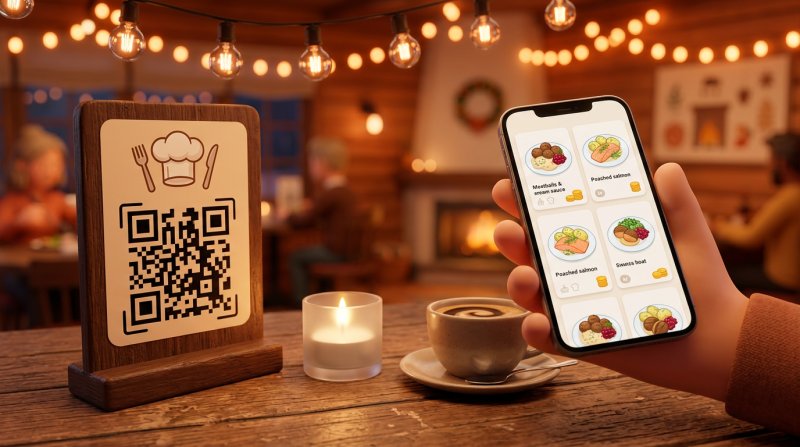 Illustration av en hand som håller en mobiltelefon med en tydlig digital meny bredvid ett bordsställ med QR-kod på ett träbord i en svensk krogmiljö