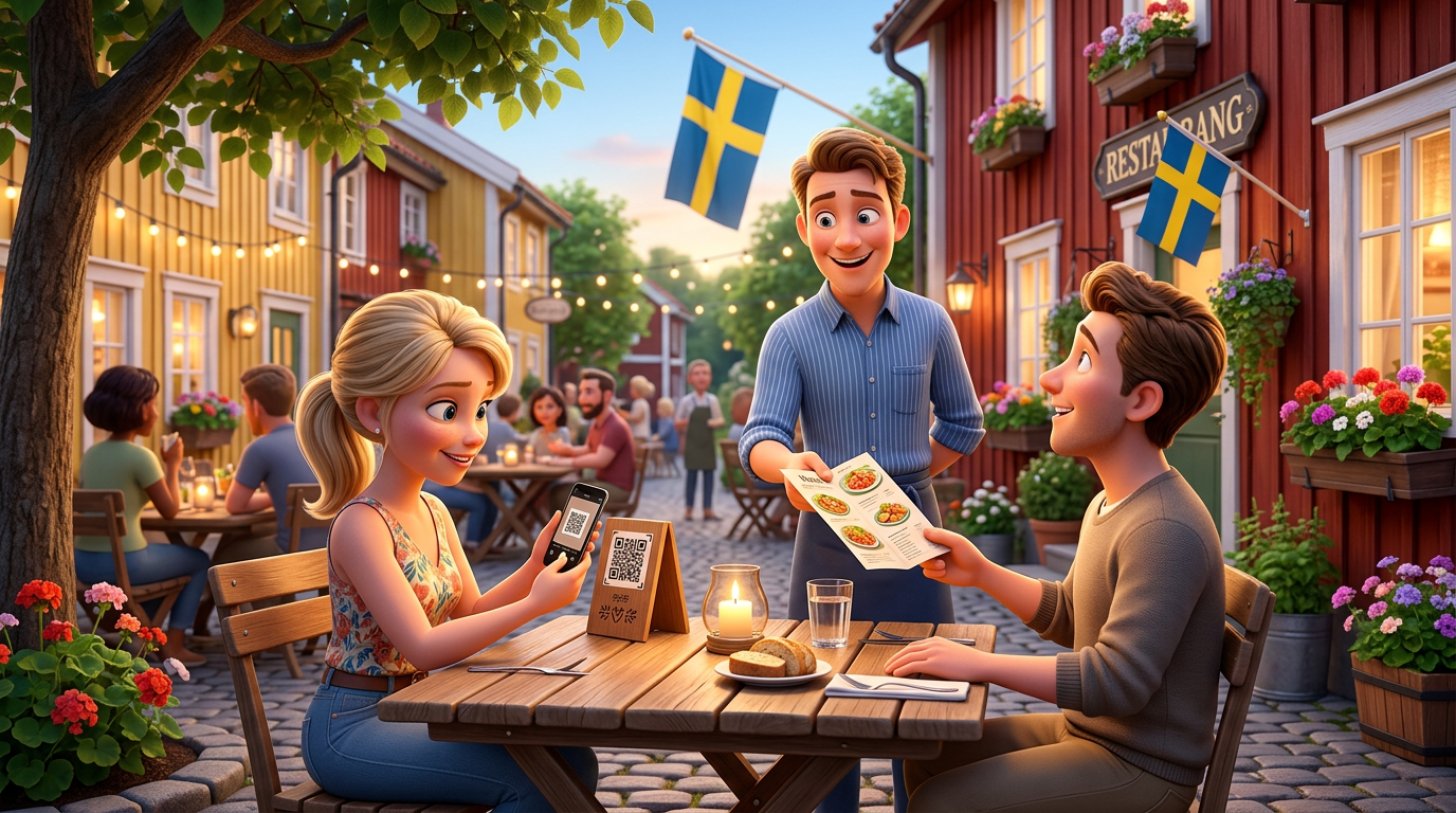 Illustration av en svensk uteservering där en gäst skannar QR-koden på ett bordsställ med sin mobil medan servitören räcker en pappersmeny till hennes sällskap