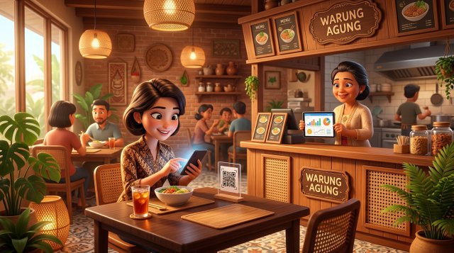 Ilustrasi 3D pelanggan restoran Indonesia memindai kode QR di meja dengan ponsel sementara pemilik restoran tersenyum memegang tablet berisi laporan pembayaran
