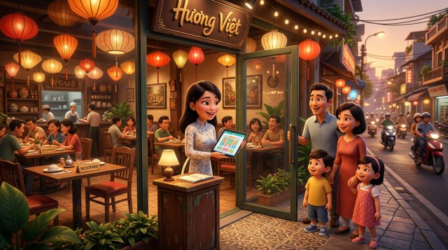 Nhân viên đón khách đứng ở quầy lễ tân nhà hàng cầm máy tính bảng xếp bàn, một gia đình khách walk-in chờ ở cửa, phía sau là phòng ăn có bàn gắn biển đặt trước