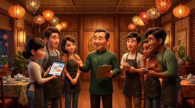 Quản lý nhà hàng Việt Nam họp đội ngũ nhân viên phục vụ trước giờ mở cửa, một nhân viên cầm máy tính bảng hiển thị lịch đặt bàn