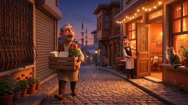 Kepenkleri inen bir dükkândan misafir kayıt kartlarıyla dolu ahşap kasayı alıp karşıdaki sıcak ışıklı kendi restoranına taşıyan restoran işletmecisini gösteren 3D illüstrasyon