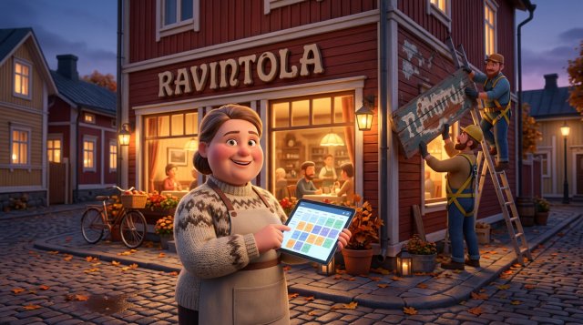 Ravintoloitsija ravintolansa edessä tabletti kädessään, kun kaksi asentajaa irrottaa vanhaa kylttiä julkisivulta tikkailla