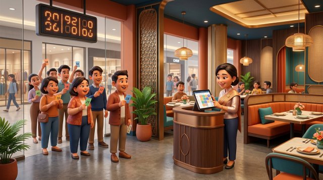 ภาพเปรียบเทียบสองฝั่งในร้านอาหาร ฝั่งซ้ายลูกค้าถือบัตรคิวรอหน้าร้านในห้าง ฝั่งขวาเจ้าของร้านดูปฏิทินการจองบนแท็บเล็ต
