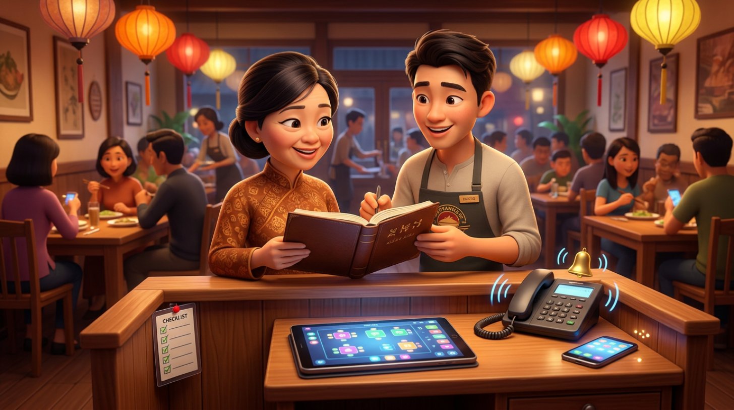 Chủ nhà hàng và nhân viên cùng xem một sổ đặt bàn chung tại quầy lễ tân, bên cạnh là máy tính bảng hiển thị sơ đồ bàn, điện thoại và checklist treo tường
