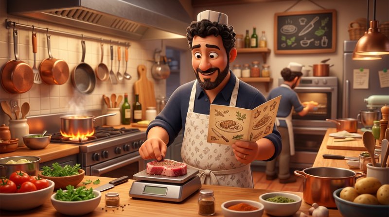 Illustration av en kock vid passet som väger en köttportion på en våg och jämför med receptkortet