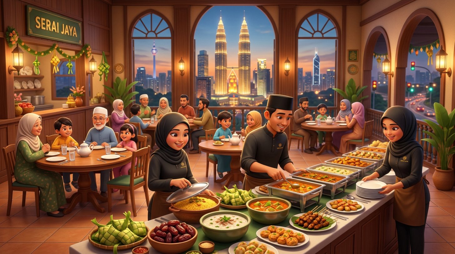 Illustration of a Malaysian restaurant team putting the final dishes on a long iftar buffet line at dusk, with dates and bubur lambuk at the front and the KL skyline glowing through the windows