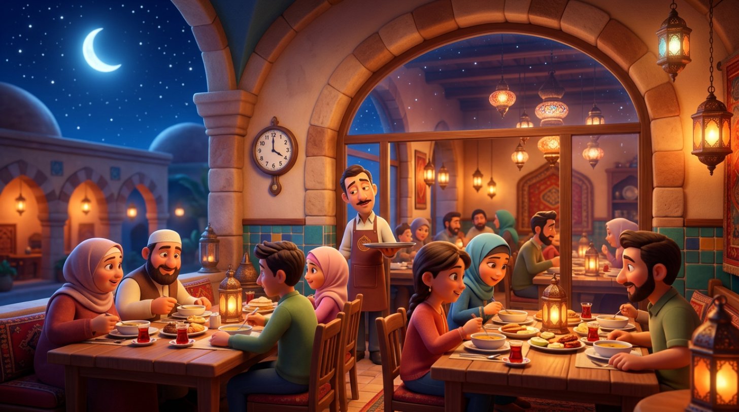 Yıldızlı gece ve hilal altında sıcak ışıklı bir restoranda sahur sofrasında çorba ve çay paylaşan aileler ile pencere kenarında duvar saatini kontrol eden garson
