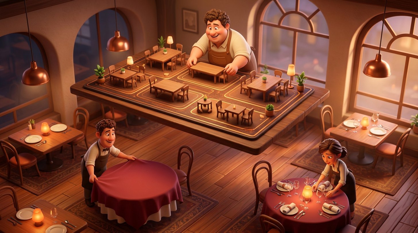 Ilustracija gostinca, ki nad jedilnico ureja načrt razporeda miz, medtem ko natakarja spodaj pripravljata mize
