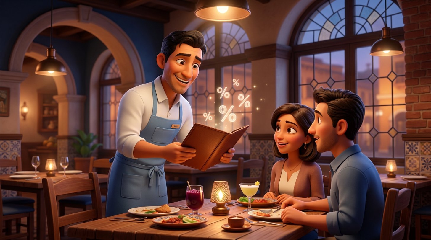 Mozo peruano presentando la cuenta en un restaurante limeño con símbolos de porcentaje flotando sobre la mesa