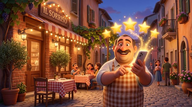 Illustrazione di un ristoratore sorridente davanti alla sua trattoria che guarda le stelle delle recensioni dei clienti sul telefono