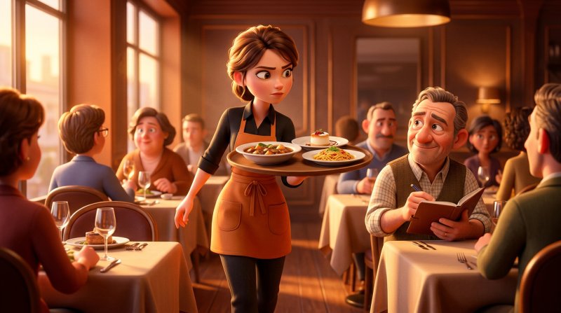 Une candidate serveuse porte un plateau chargé entre les tables sous le regard bienveillant du patron qui prend des notes