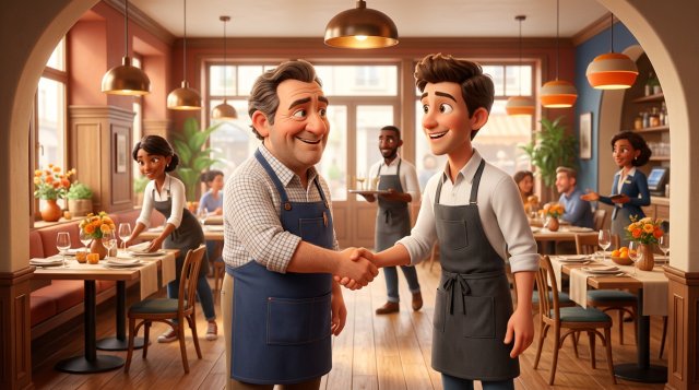 Un patron de restaurant serre la main d'un jeune serveur souriant devant son équipe dans une salle lumineuse