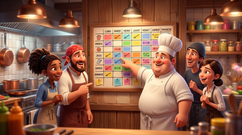 Une équipe de restaurant réunie devant le planning hebdomadaire affiché en cuisine, le chef pointe un créneau