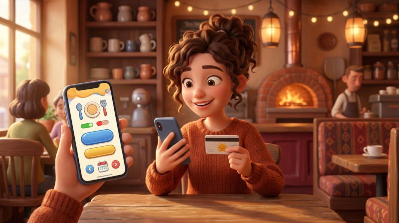A guest holding her credit card while booking a restaurant table on her phone