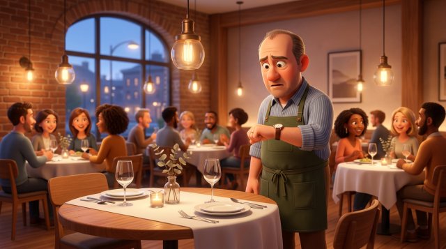 A puzzled restaurant owner checks his watch next to a set but empty table while the rest of the dining room is full