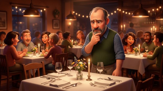 Ilustración de un restaurador preocupado ante una mesa reservada que sigue vacía en pleno servicio