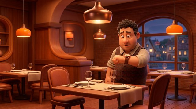Illustration d'une table de restaurant dressée restée vide, un restaurateur perplexe regarde sa montre
