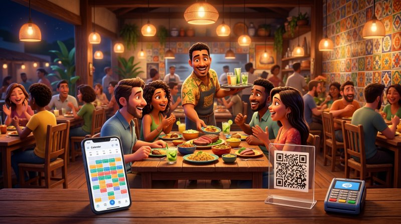 Salão de restaurante brasileiro cheio à noite, com celular exibindo calendário de reservas lotado e placa de QR code sobre o balcão