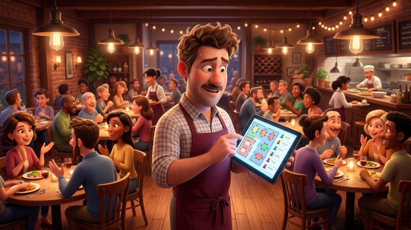 Empregado de mesa a consultar a lista de espera do restaurante num tablet durante um serviço cheio