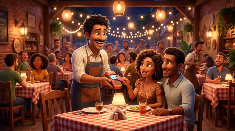 Garçom brasileiro apresenta a maquininha de cartão a um casal que paga a conta em um restaurante à noite
