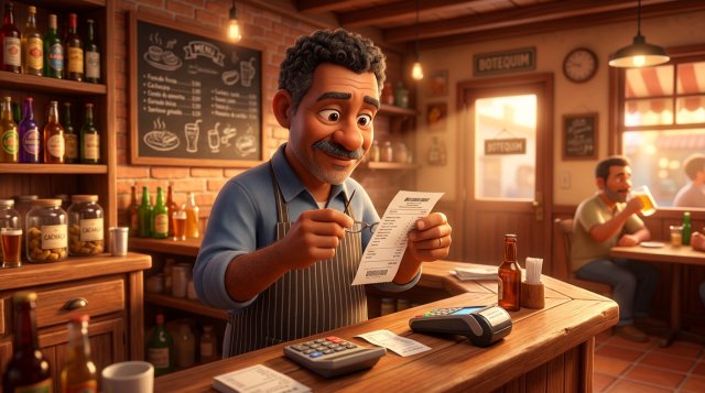Dono de restaurante brasileiro examina uma nota fiscal atrás do balcão de um botequim, com calculadora e maquininha de cartão ao lado