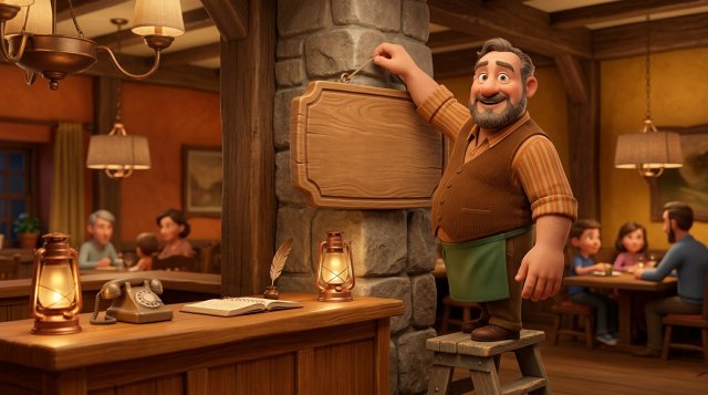 Ilustracja restauratora wieszającego tabliczkę z zasadami rezerwacji przy ladzie recepcyjnej restauracji