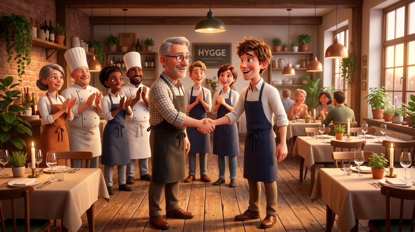 En restauratør giver hånd til en ny tjener foran det samlede team i en lys restaurant