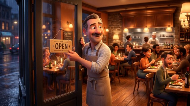 Illustration d'un restaurateur souriant retournant le panneau Ouvert de son restaurant un soir de semaine, salle chaleureuse en arrière-plan