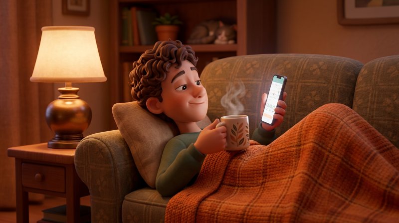 Client installé dans son canapé un dimanche soir, réservant une table de restaurant pour mardi sur son smartphone