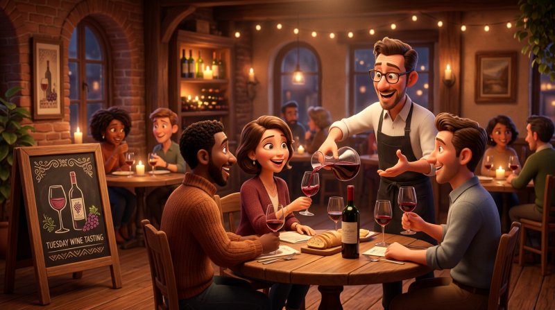 Soirée dégustation de vin animée par un sommelier dans un petit restaurant, une ardoise annonce le rendez-vous du mardi