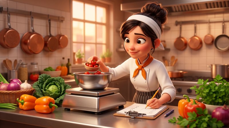 Cocinera pesando ingredientes frescos en una balanza para calcular el escandallo de un plato