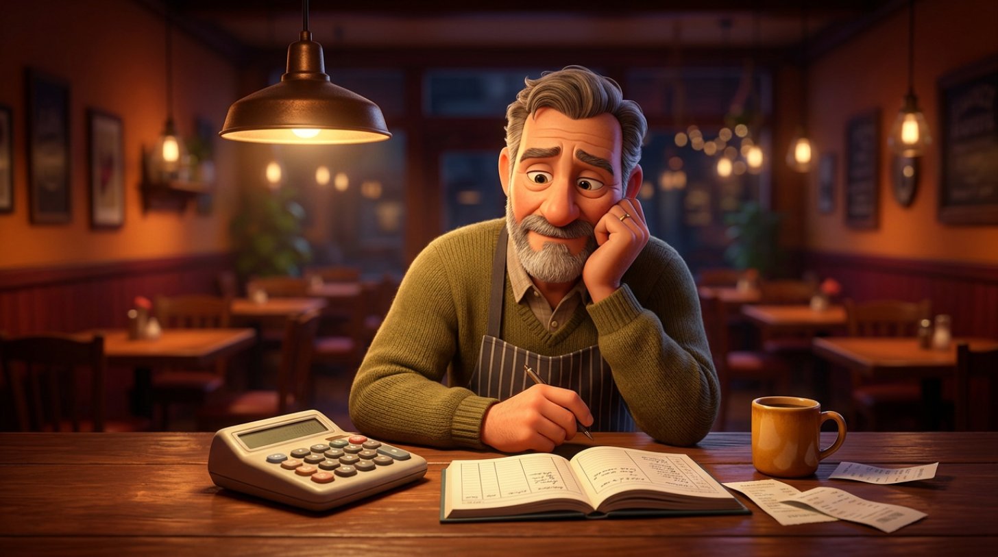 Restaurador a rever as contas do seu restaurante ao balcão, com calculadora e caderno, depois do serviço