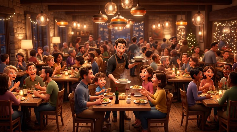 Sala de restaurante cheia num sábado à noite, com clientes em todas as mesas e um empregado de mesa a servir