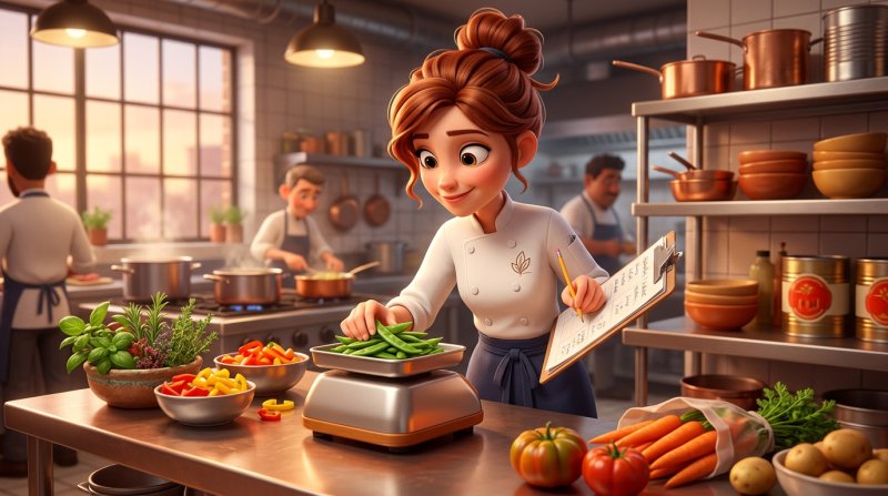 Illustration einer Köchin, die in der Restaurantküche Zutaten abwiegt und die Kalkulation eines Gerichts notiert
